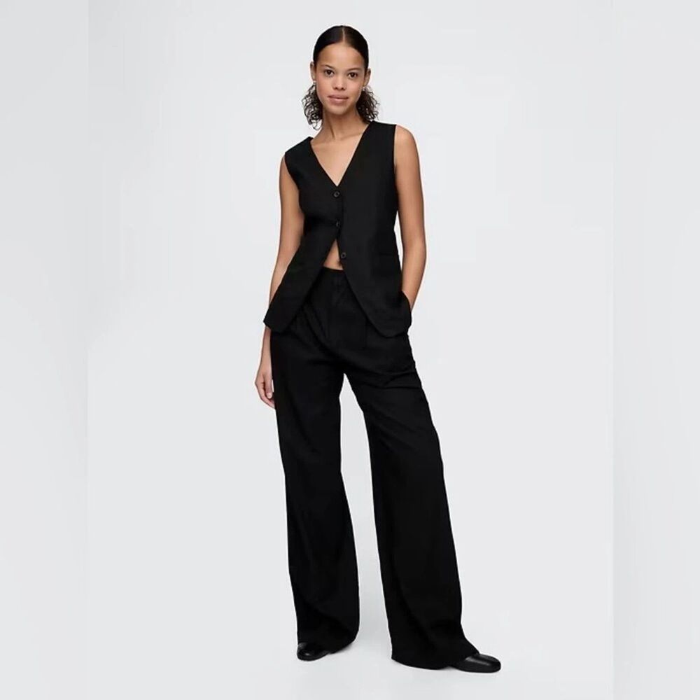 GAP Black Linen-Blend Longline Vest Sleeveless V Neck Blazer Womens Size S NEW!